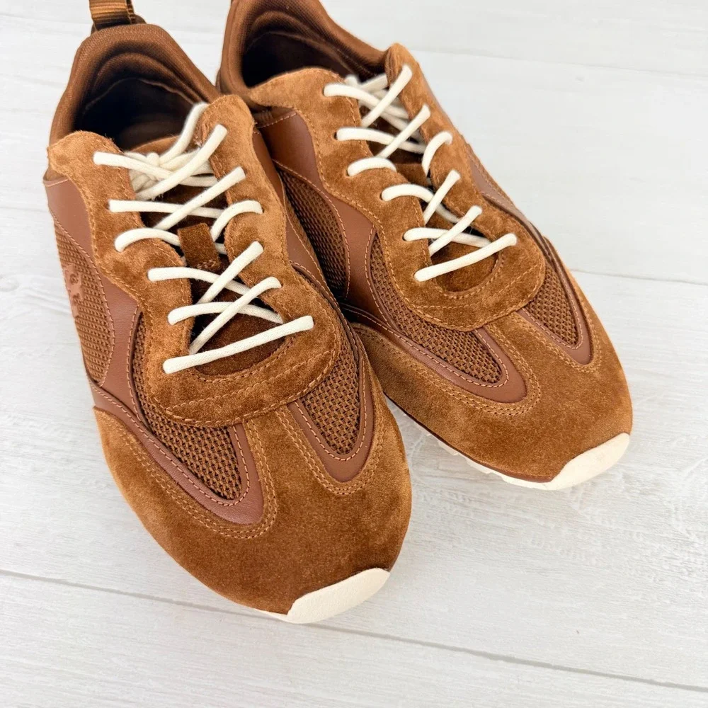 Tory Burch Field Sneakers Womens 8.5 Brown Leather Suede Lace Up Comfort Chic